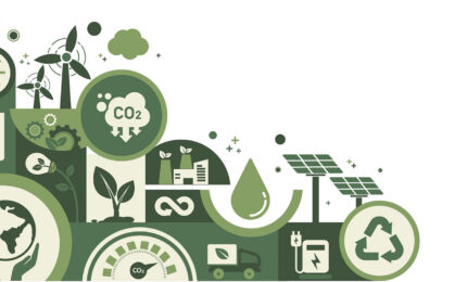 Hopeful green sustainability infographic with a globe, wind turbines, solar panels, CO2 emissions, leaves, recycling symbols, and an electric vehicle.