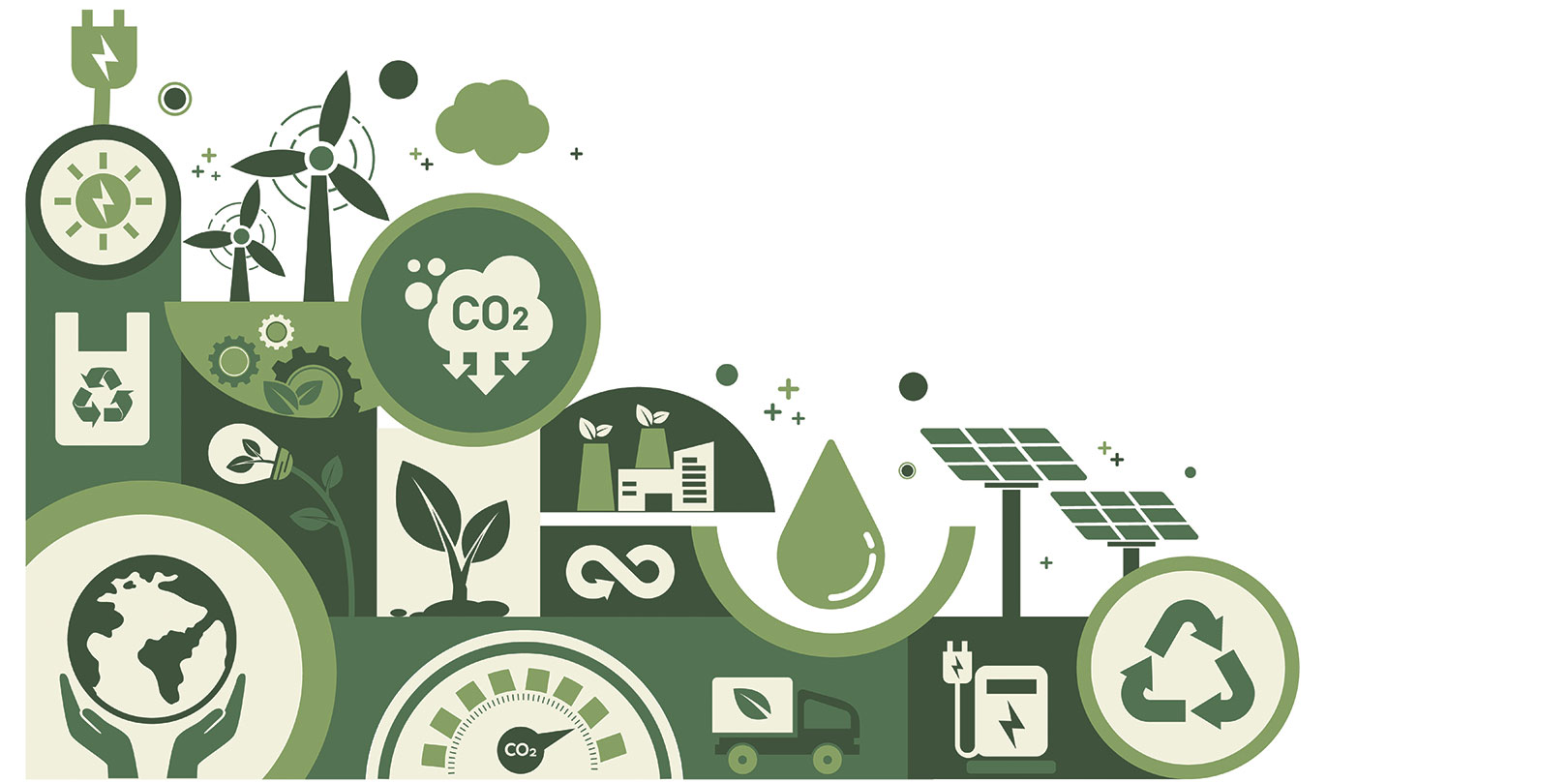 Hopeful green sustainability infographic with a globe, wind turbines, solar panels, CO2 emissions, leaves, recycling symbols, and an electric vehicle.