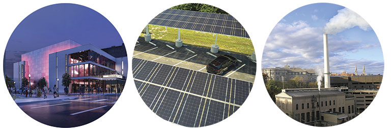 Three circular scenes show a glowing modern building, rooftop solar panels, and an industrial smokestack emitting white steam beneath blue skies.