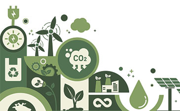 Hopeful green sustainability infographic with a globe, wind turbines, solar panels, CO2 emissions, leaves, recycling symbols, and an electric vehicle.