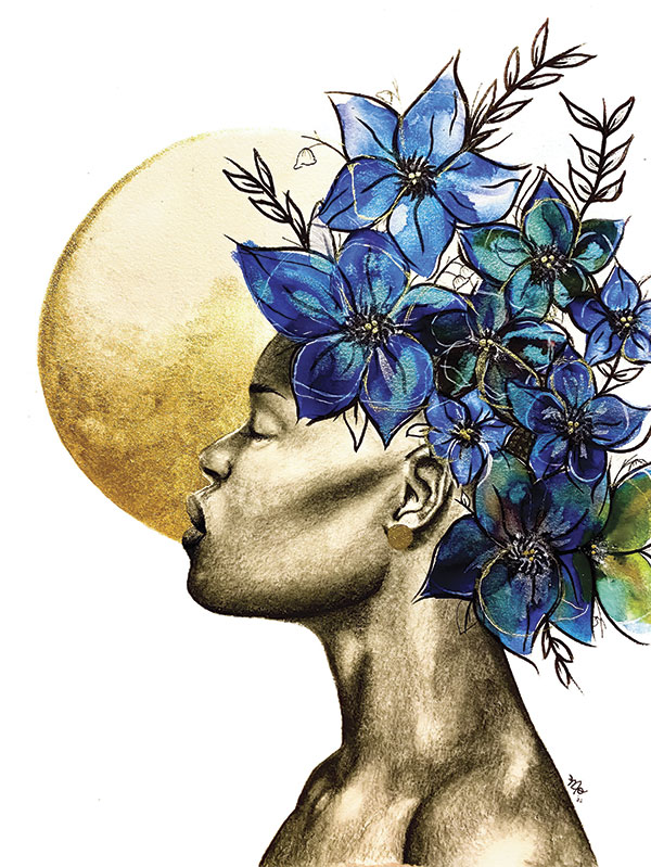 Serene side-profile portrait of a woman with closed eyes, framed by vivid blue flowers and leafy branches, with a golden moon behind her.
