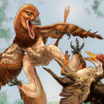 Illustration of feathered prehistoric dinosaurs battling midair: a large brown predator lunges at smaller birds, wings spread amid green foliage.