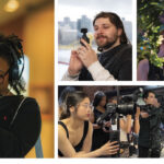 Collage of diverse people using various cameras and video equipment indoors and outdoors in different settings.