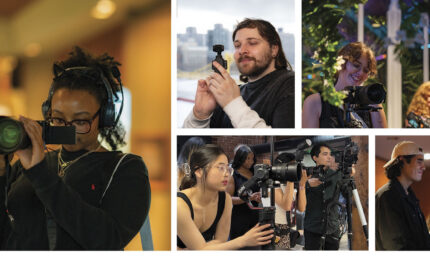 Collage of diverse people using various cameras and video equipment indoors and outdoors in different settings.