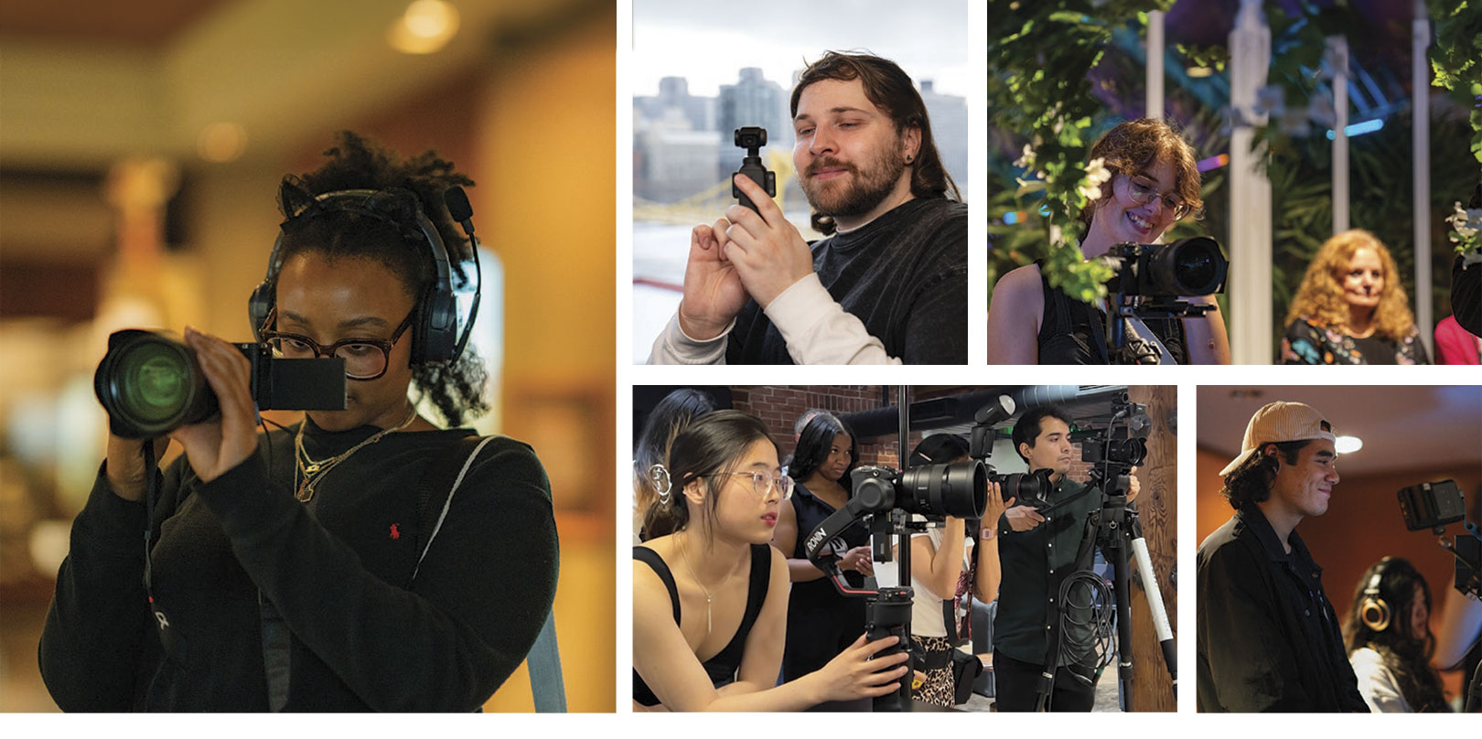 Collage of diverse people using various cameras and video equipment indoors and outdoors in different settings.