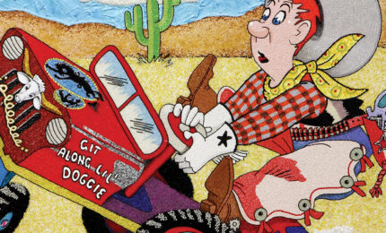 a red-headed cowboy struggles to control a red cart that reads, Git Along Lil’ Doggie.