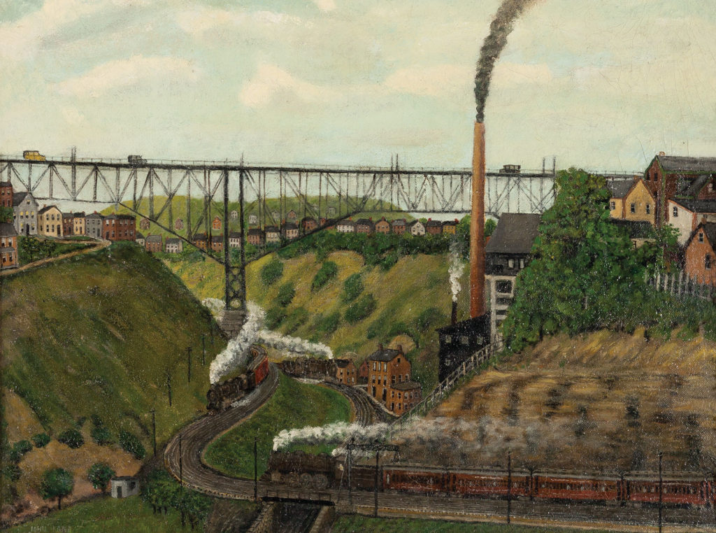 A primitive style painting of a bridge with a train passing beneath it