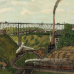A primitive style painting of a bridge with a train passing beneath it