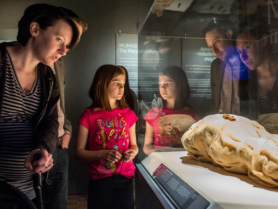 a family is looking at a mummy behind glass at an exhibition