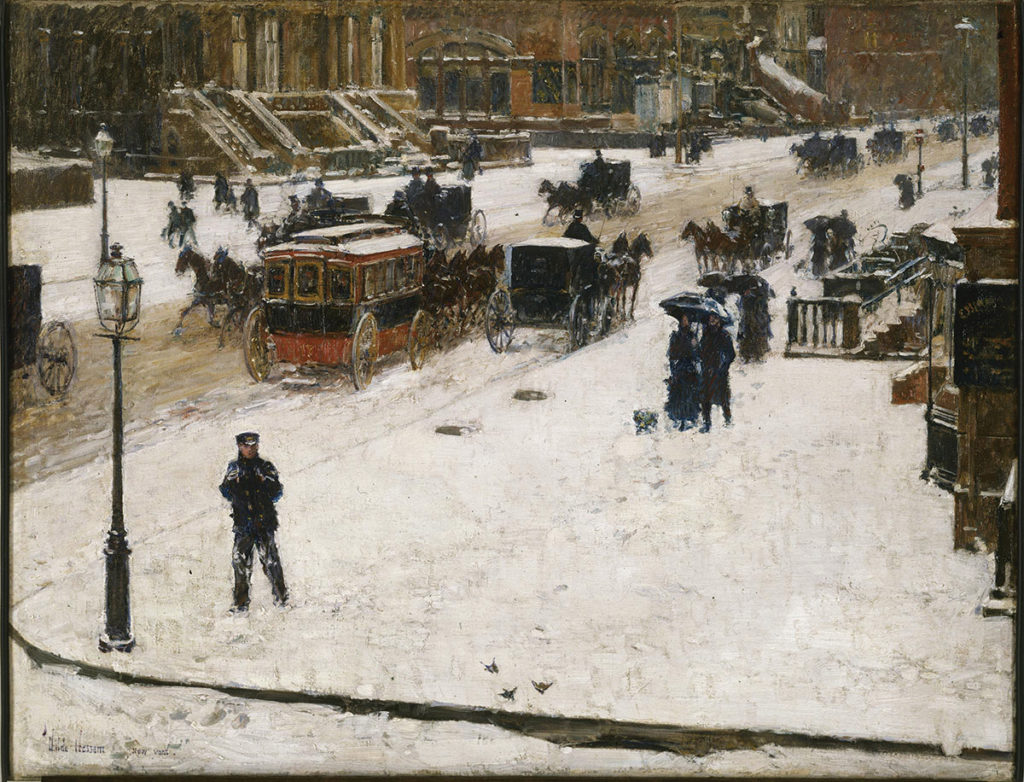 Painting depicting a snowy street scene from the late 1890s.