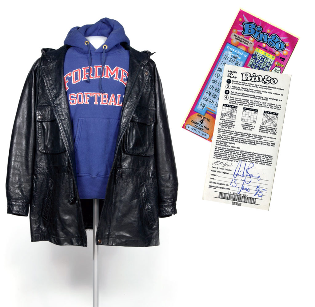 A black leather jacket along with a Lottery Ticket from 1995