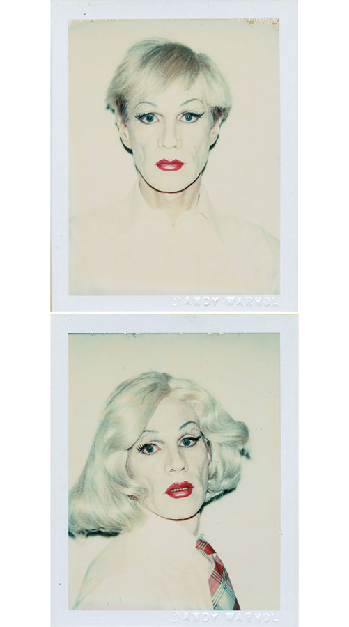2 polaroid photos of Andy Warhol in drag