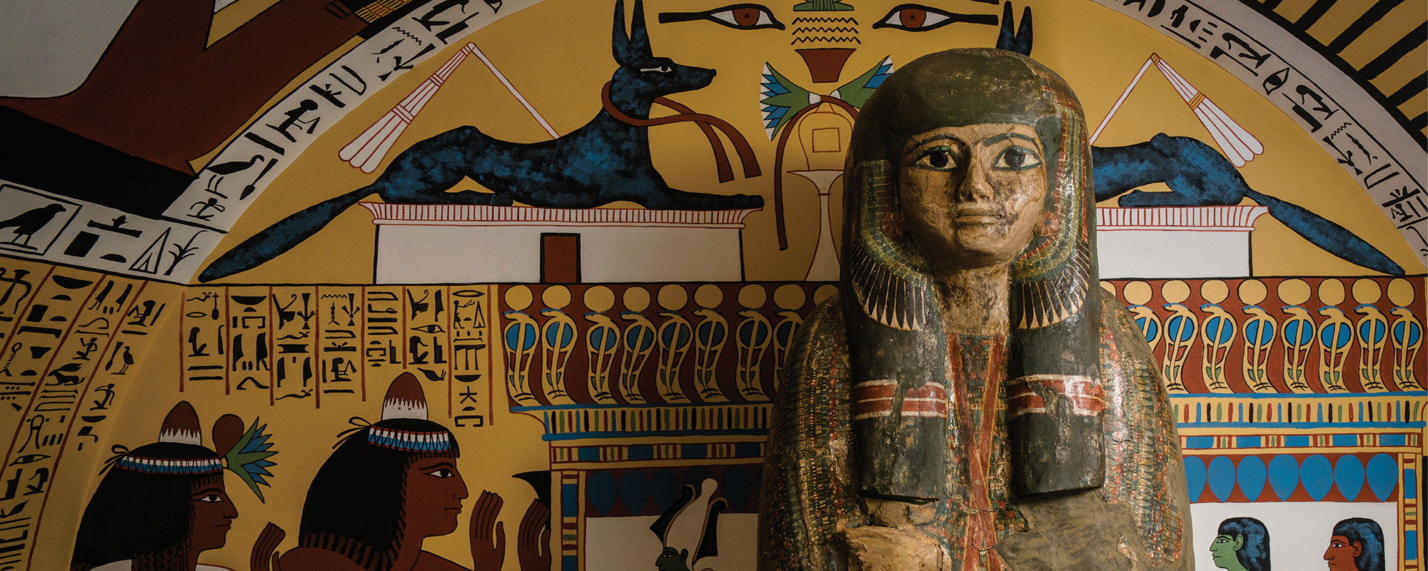 A view of an egyptian mummy in an exhibit.
