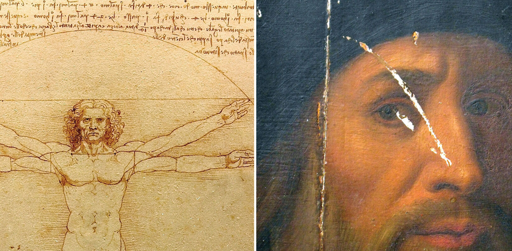 side by side images of Da Vinci's Vitruvian Man and a closely cropped painting beleived to be of Leonardo Da Vinci.
