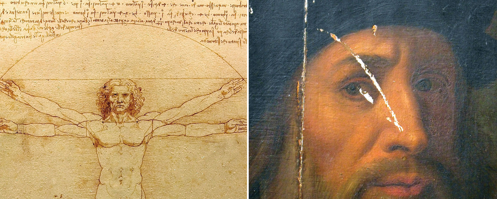 side by side images of Da Vinci's Vitruvian Man and a closely cropped painting beleived to be of Leonardo Da Vinci.