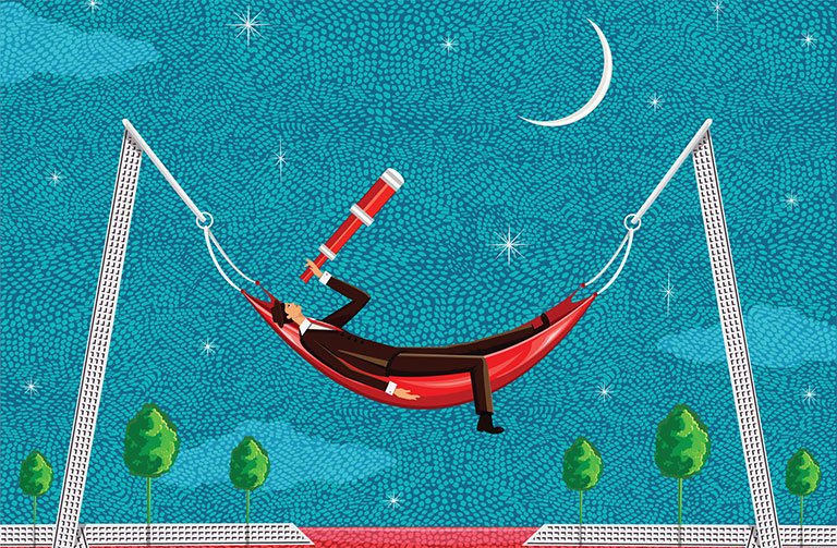 AN illustration of a man laying in a hammock looking through a telescope at the moon.