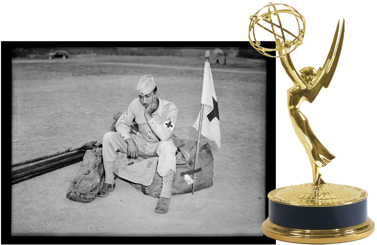 A black and white photo of an african american soldier with an Emmy Award statuette superimposed to the right.