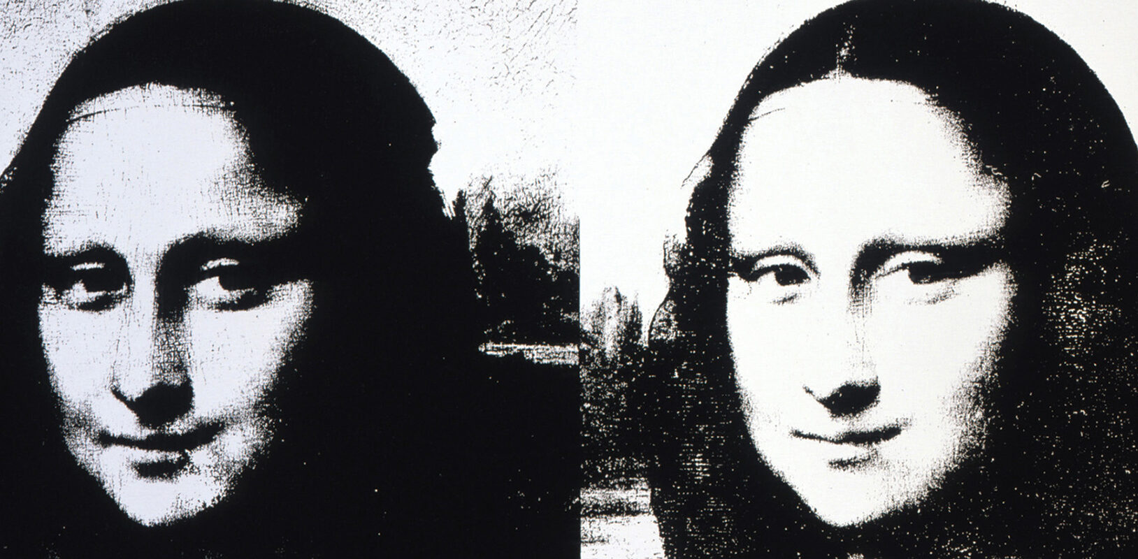 Andy Warhol's version of Mona Lisa. Two black and white images side by side.