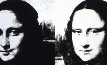 Andy Warhol's version of Mona Lisa. Two black and white images side by side.