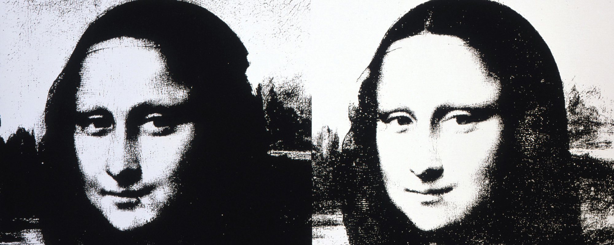 Andy Warhol's version of Mona Lisa. Two black and white images side by side.