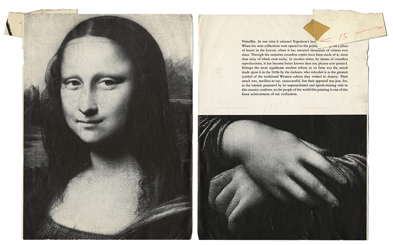 Two black and white tearsheets from a magazine depicting Mona Lisa and a detail of her hands.
