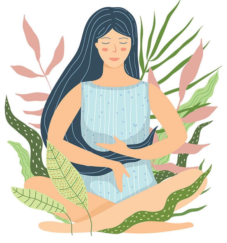 An illustration of a women sitting peacefully among plants