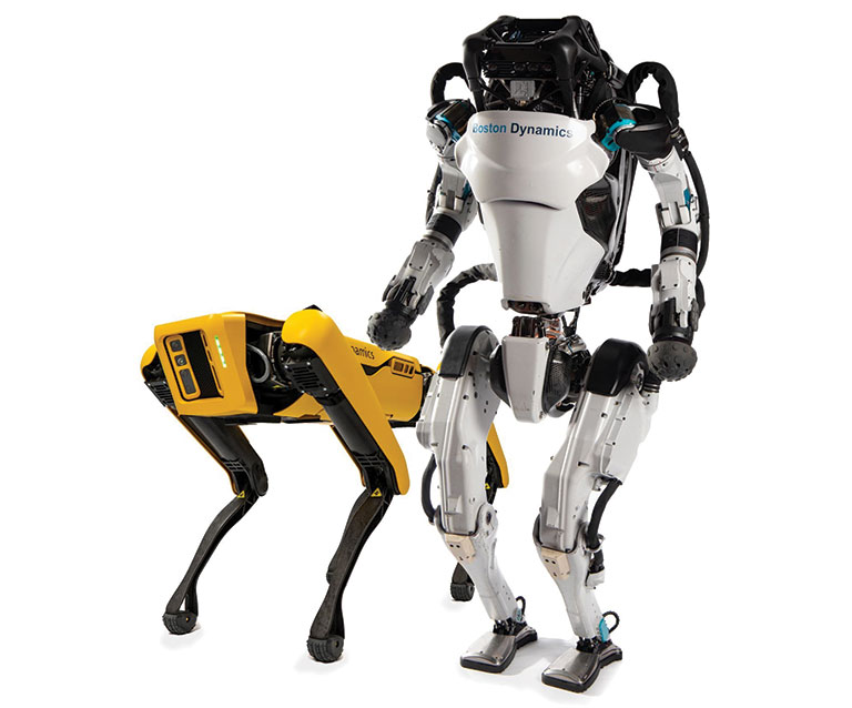 A yellow dog-like robot standing next to a white human-like robot