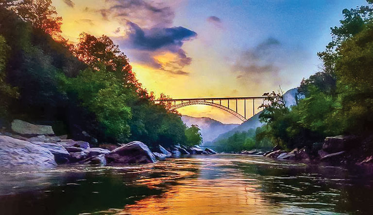 a colorful photo fo the New River Gorge Bridge