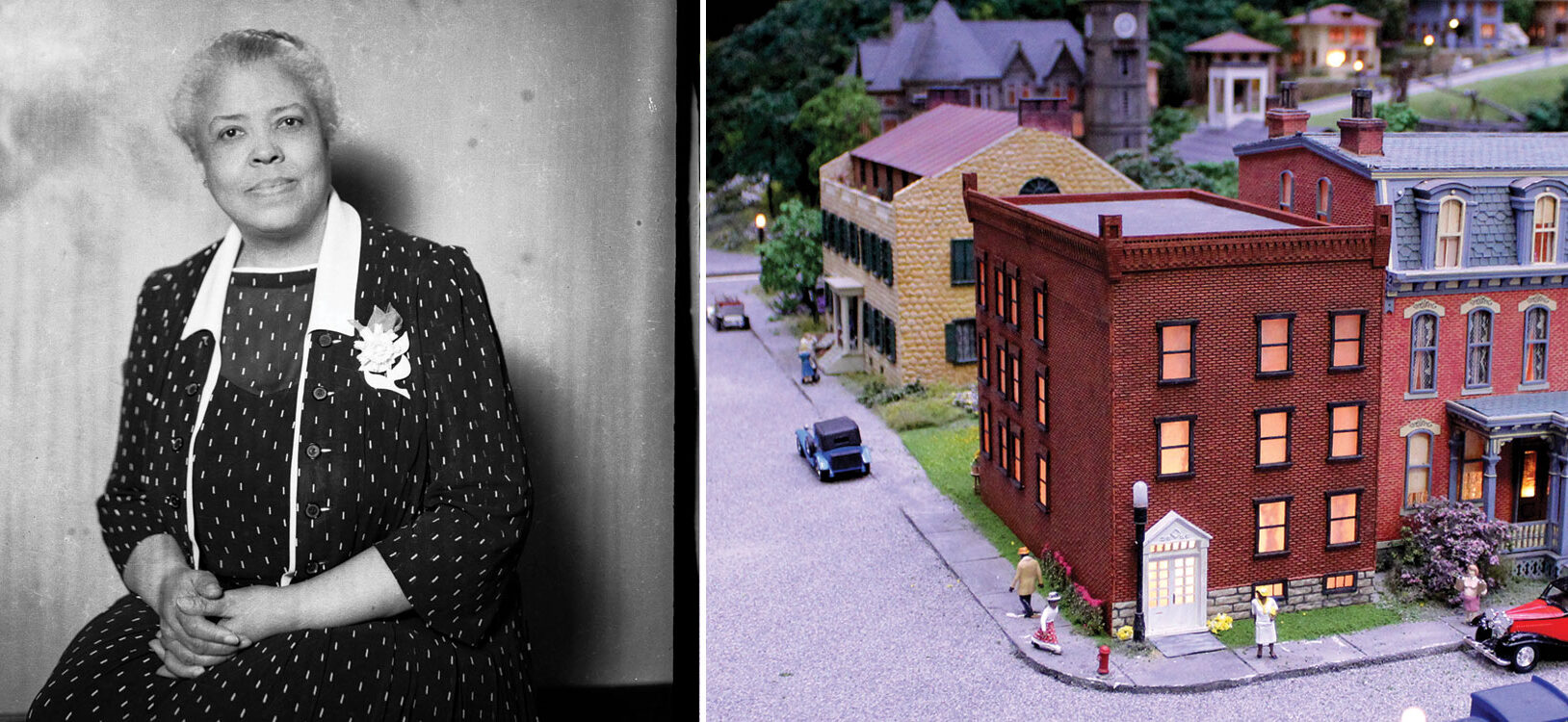 A portrait of Daisy Lampkin and miniature replica in the Miniature Railroad of her home