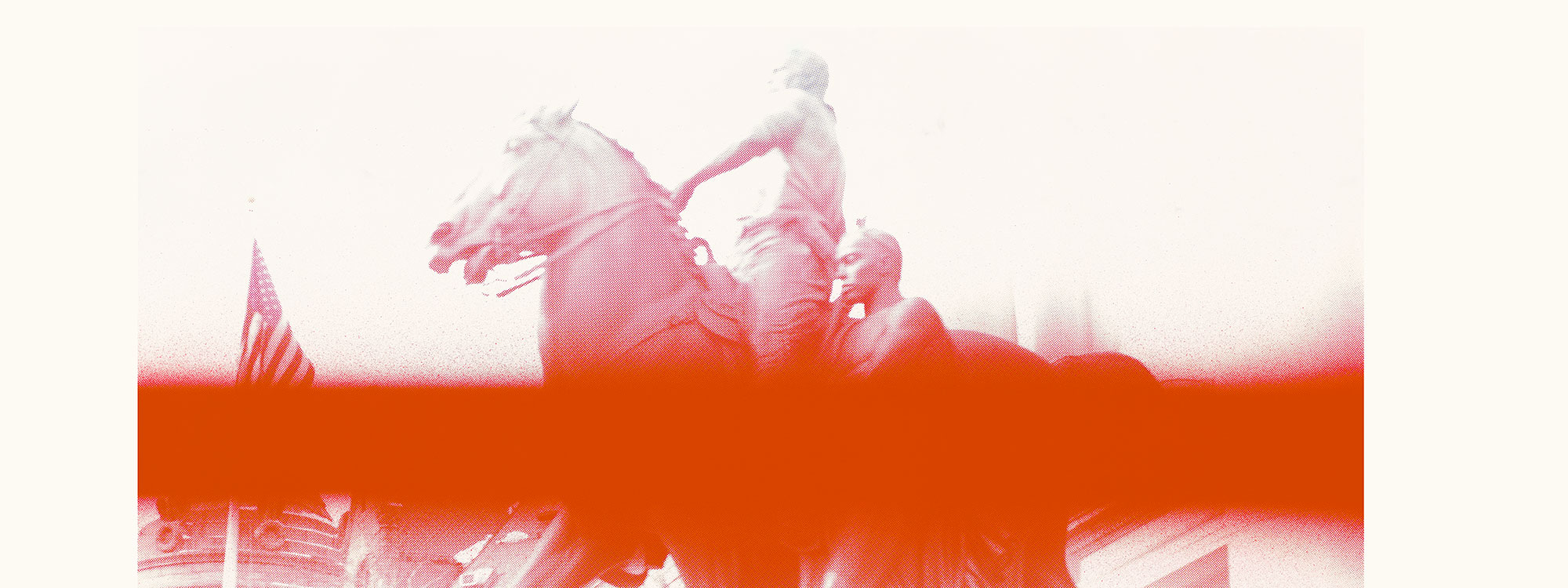 A photo of a sculture of a man on a horse with another man walking beside him. The photo has a large blurred red line across it.