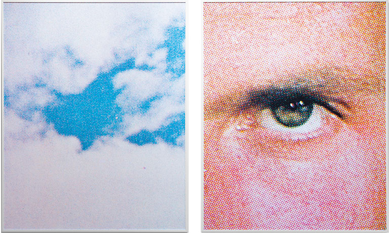 Two paintings ide by side, one showing clouds on a blue sky, th eother shos a tight crop of a human eye.