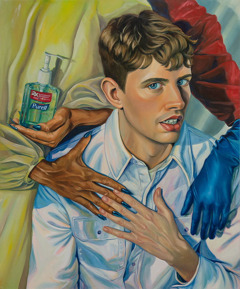 A painting of a young man with 2 figures standing behind him with their arms over his chest, one holding a bottle of Purell the other wearing rubber gloves