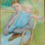 A painting of a woman holding a child who is reaching out to the right.