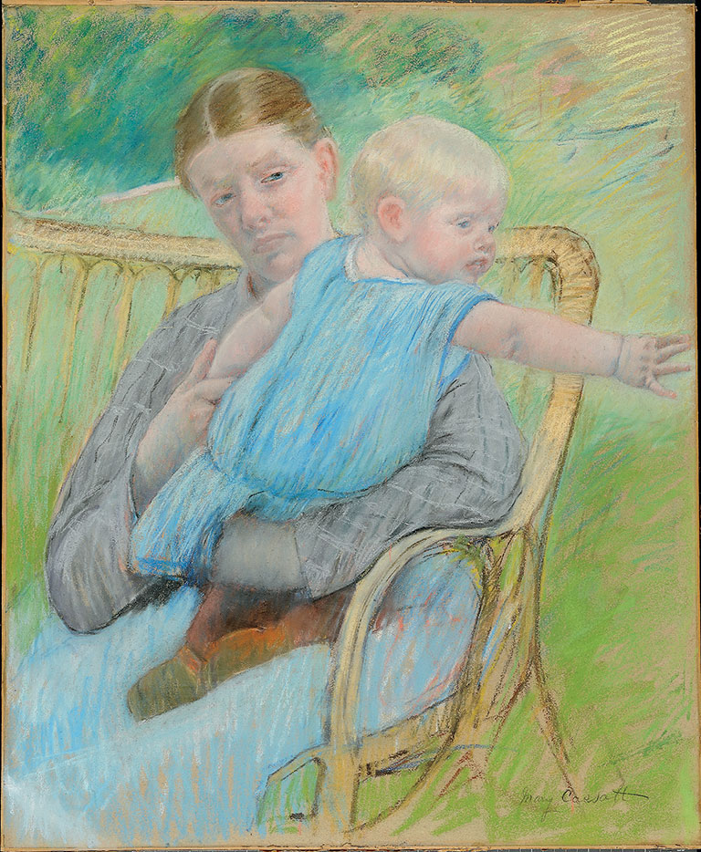 A painting of a woman holding a child who is reaching out to the right.