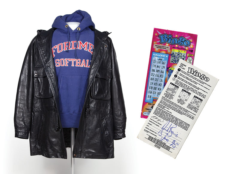 A black leather jacket along with a Lottery Ticket from 1995