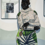 A paining of an Black woman standing next to a painting on the wall behind her.