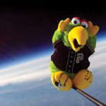 A stuffed toy of the Pirate Parrot in the stratosphere