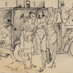 AN early sketch by Warhol of women at a produce truck.