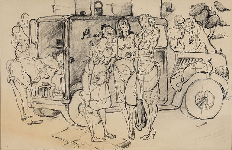 AN early sketch by Warhol of women at a produce truck.