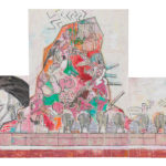 artwork of a canoe with various figures inside