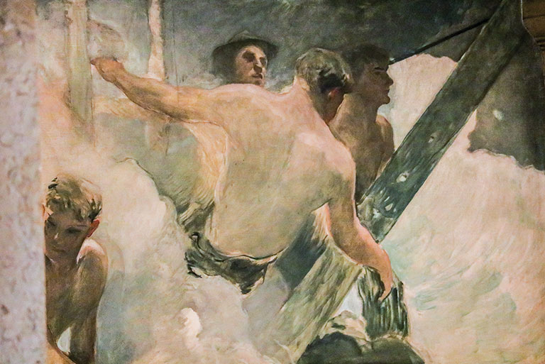 Detail of a mural depicting men working