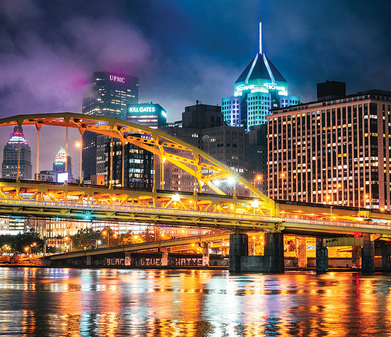 a night time view of Pittsburgh