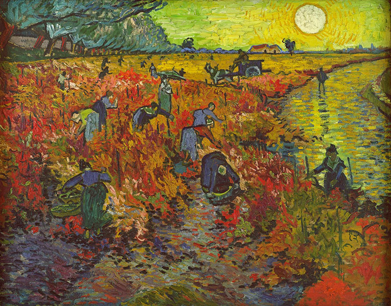 a colorful painting of workers in a field