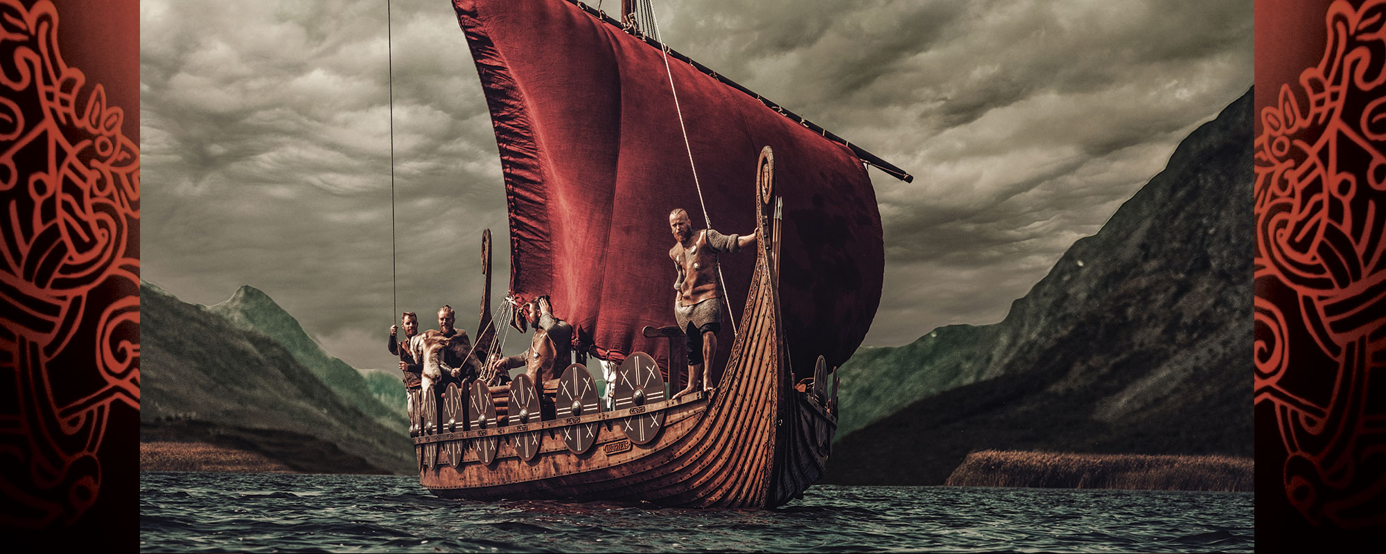 Illustration of a viking ship with viking warriors aboard