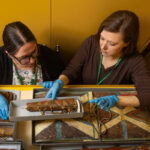 Two female curators examine a draw of native american artifacts.