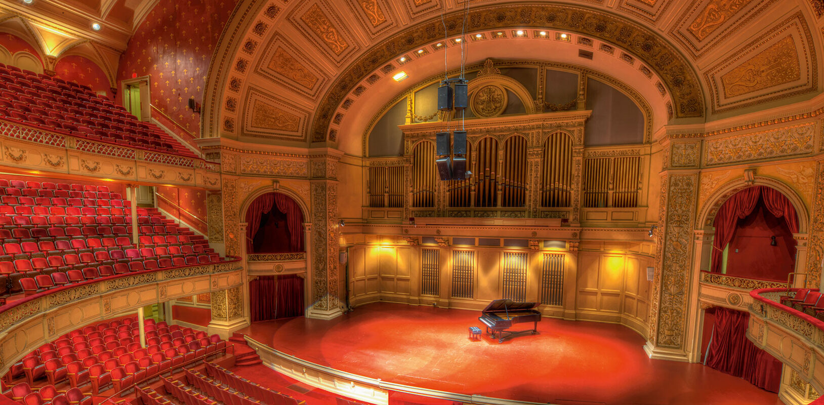 A panoramic beautiful photo of the Carnegie Music Hall.
