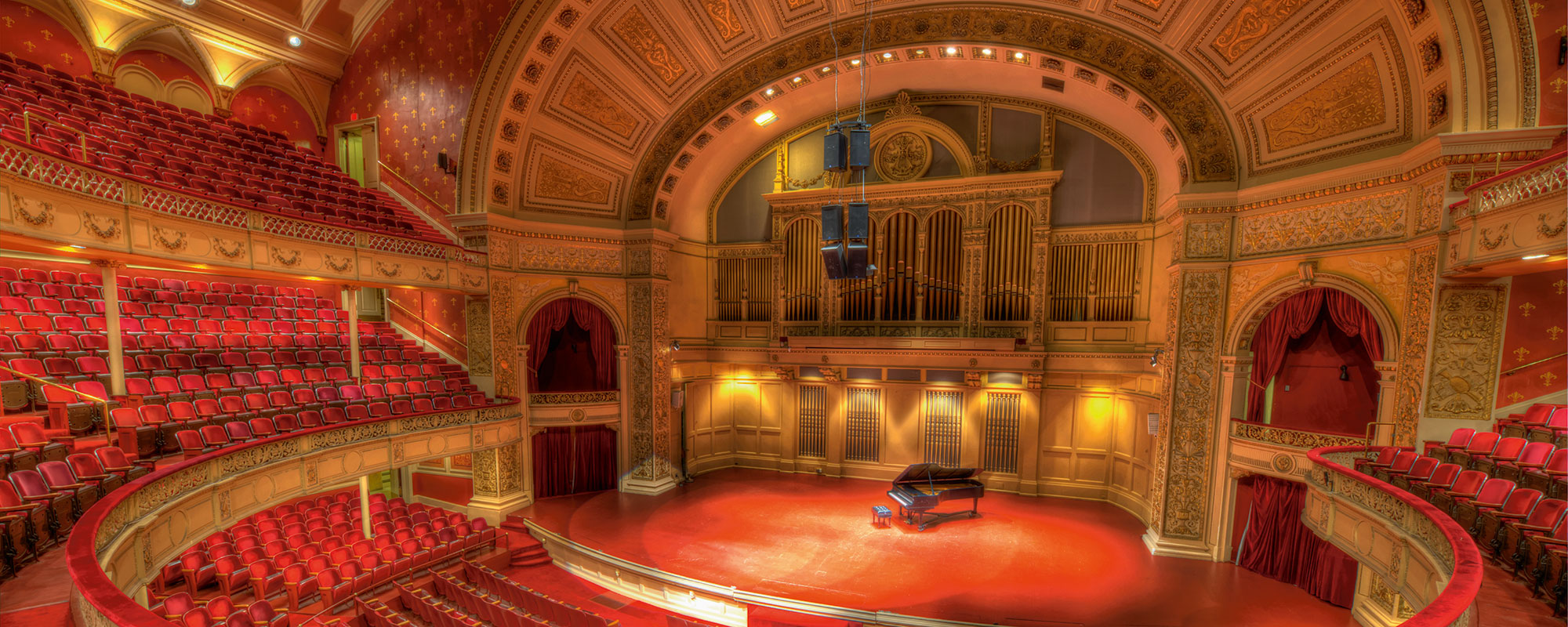 A panoramic beautiful photo of the Carnegie Music Hall.