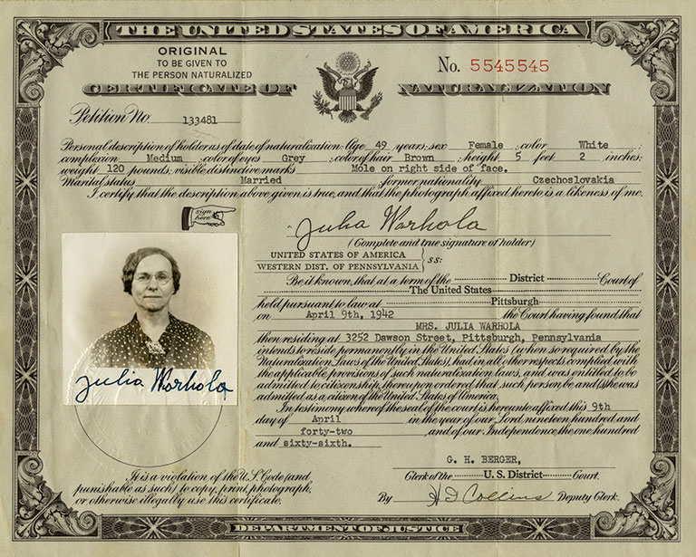 Julia Warhola's naturalization certificate.