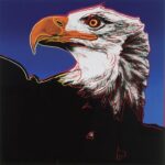 Stylized illustration of a bald eagle head with a vivid orange beak against a deep blue background. The eagle is outlined in red, conveying elegance and strength.