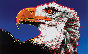 Stylized illustration of a bald eagle head with a vivid orange beak against a deep blue background. The eagle is outlined in red, conveying elegance and strength.